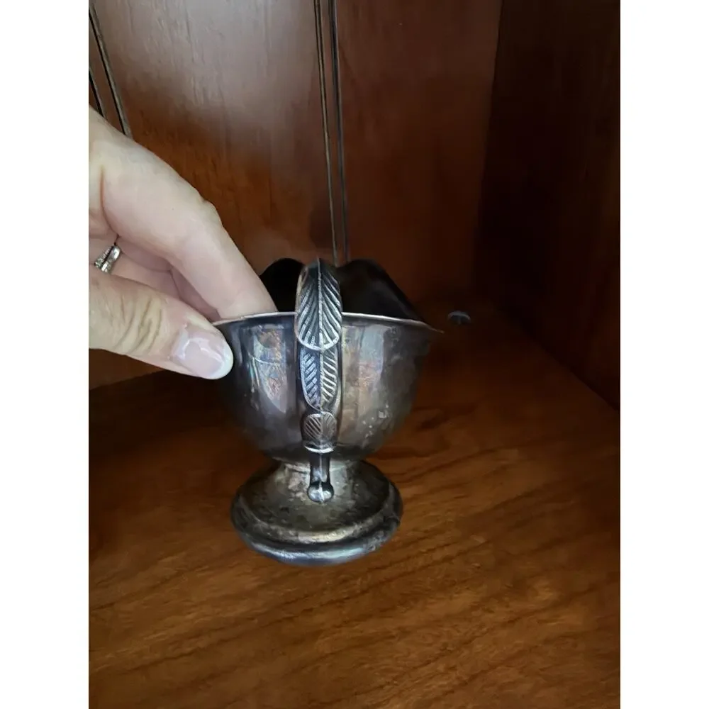Vintage Silverplate Gravy Boat Pedestal Foot Feather Handle Sauce Pitcher